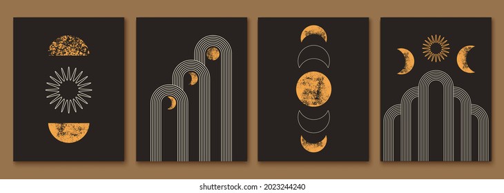 Set of modern minimalist mid century style abstract backgrounds. Wall art prints design. Simple geometric shapes. Boho line arch, textured circle, sun, moon phases, rainbow. Otical line illusion form.