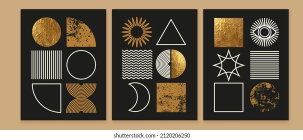 Set of modern minimalist mid century  abstract backgrounds. Wall art prints design. Simple geometric shapes. Boho line arch, golden textured circle, sun, moon, rainbow. Collage style.