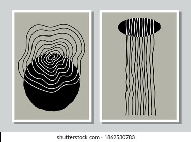 Set of modern minimalist pastel abstract trendy posters. Hand drawn wall art collage