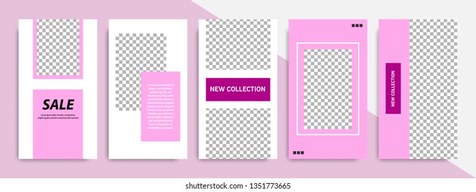 Set of modern minimalist pink purple stripe line in frame template at white background. Suitable for social media stories, story, roll banner, expandable banner, flyer and brochure.