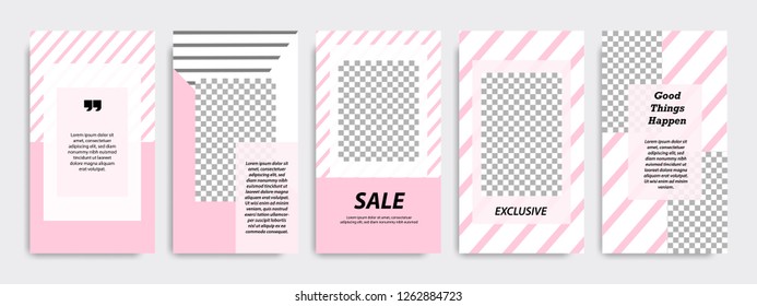 Set of modern minimalist pink stripe line in frame template at white background. Suitable for social media stories, story, roll banner, expandable banner, flyer and brochure.