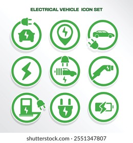 Set of modern, minimalist vector icons themed around Electric Vehicles (EV) and Green Living. Designed with a clean, simple style, these icons serve as labels, symbols, and signs for electric energy.