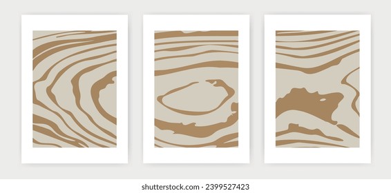 Set of modern minimalist wall posters with abstract collage, wood texture in beige brown tones. Vector illustration of EPS10
