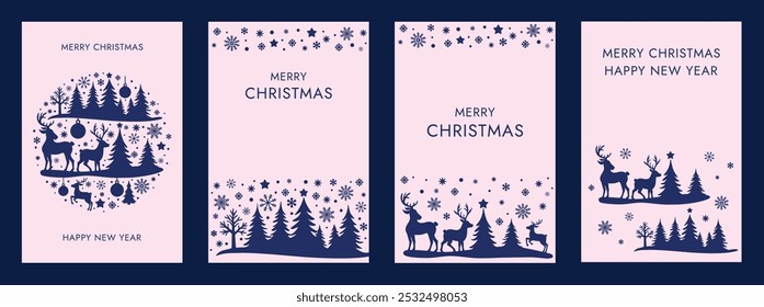 Set of modern minimalist winter holiday greeting cards with reindeer and snowflakes design