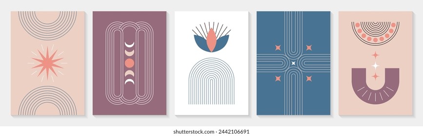 Set of modern minimalist zen arch posters. Backgrounds with geometric linear shapes, simple figures in pastel colors. Boho wall art decor with contemporary aesthetic elements in trendy bohemian style.