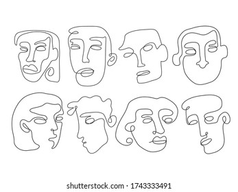 Set of modern minimalistic art continuous line drawing faces illustration. Vector trendy outline hand drawn portraits