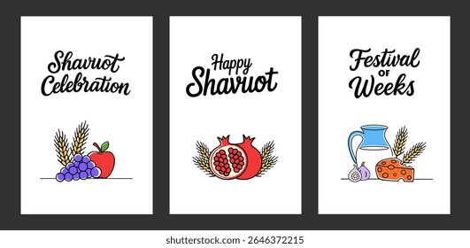 Conjunto de cartões de saudação minimalistas modernos com leite, romã, trigo e presentes de saudações da natureza. Fundo vertical festivo e convites para Shavuot e Shavuot Sameach, primavera ou outono