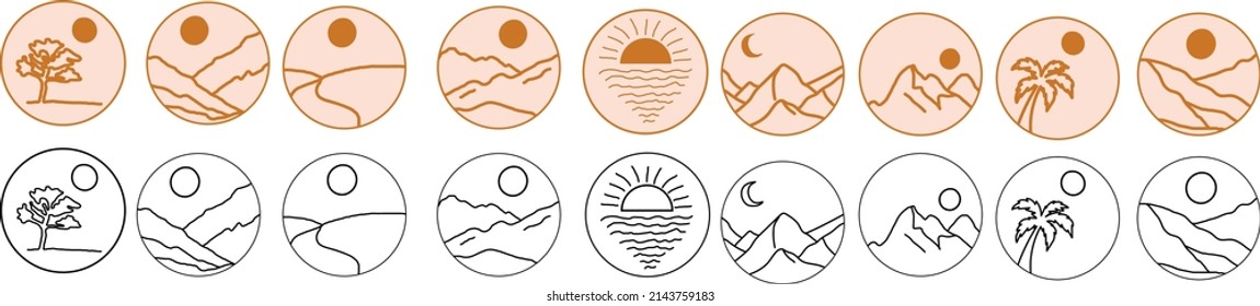 Set von modernen minimalistischen Landschaften im Boho-Stil: Berge, Hügel, Baum, Palmen und Sonne, Sonnenuntergang oder Sonnenaufgang auf buntem Hintergrund