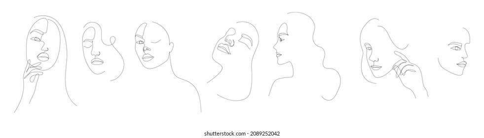 Set of Modern minimalistic linear abstract faces. Contemporary female faces, hands, posture in simple one line style. Hand drawn outline trendy vector illustration. Continuous line.