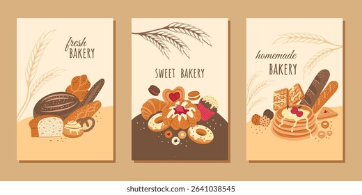 A set of modern minimalistic posters with fresh homemade bakery, dessert and inscriptions. Vector design for posters, backgrounds, postcards and more.