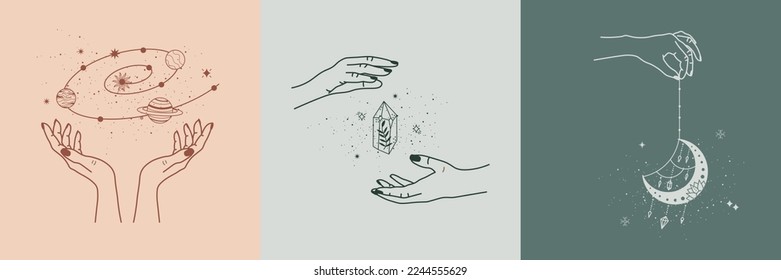 Tatuajes minimalistas modernos en diseño boho. Dibujo mágico de manos y flores, plantas, planetas, luna. Elementos modernos para la decoración de bodas. Ilustración del vector