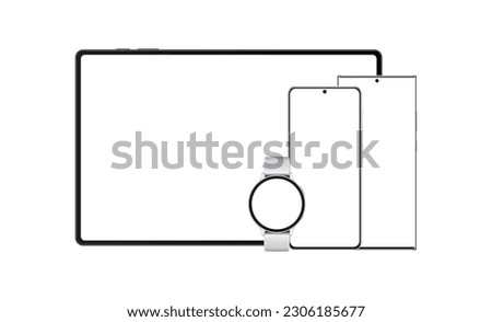 Set of Modern Mobile Devices With Blank Screens. Tablet, Frameless Smartphones and Wrist Watch. Vector Illustration