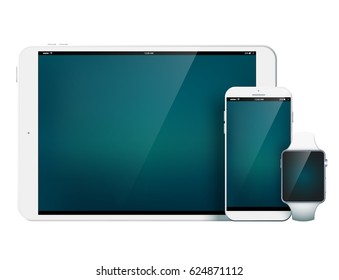 Set of modern mobile devices consisting of one modern tablet, stylish smartphone and small electronic digital equipment on the white background vector illustration