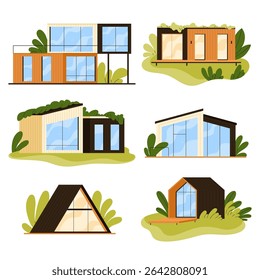 Set of modern modular houses. Compact eco-friendly cabins or container homes with large windows, green roofs, and wooden paneling. Tiny house concept. Flat vector illustration in cartoon style