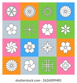 Set modern monochrome icons on bright squares, suitable infographic, web design, educational materials, branding.