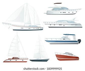 Set of modern motor yacht boat with sails and motors flat vector illustration on white background