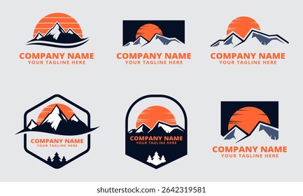  Conjunto de logotipos modernos de montanha com Sunrise e texto personalizável