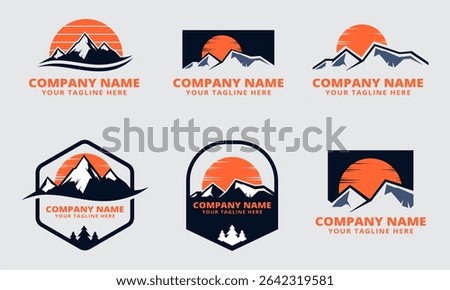  Set of Modern Mountain Logos Featuring Sunrise and Customizable Text
