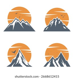 Set of modern mountain logos at sunset