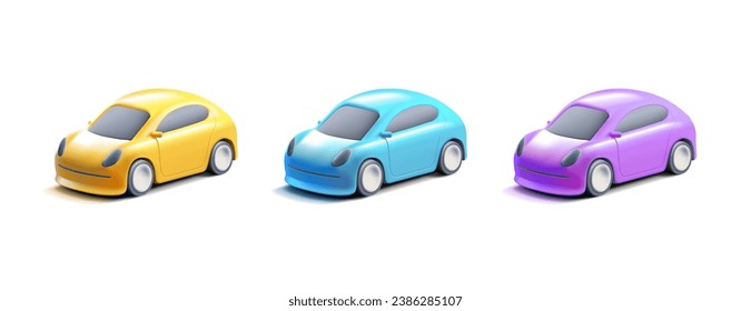 Set of modern multi-colored passenger 3d cars. Isometric image for advertising and design of auto services, travel, delivery, and car purchase and rental.