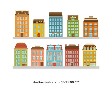 Set of modern multi-storey buildings. Residential houses of the city. Home facade with doors, windows and balcony. Vector illustration.