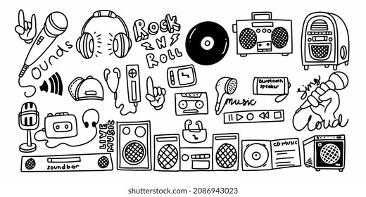 Set of modern music elements in childish doodle hand drawn style isolated on white background.