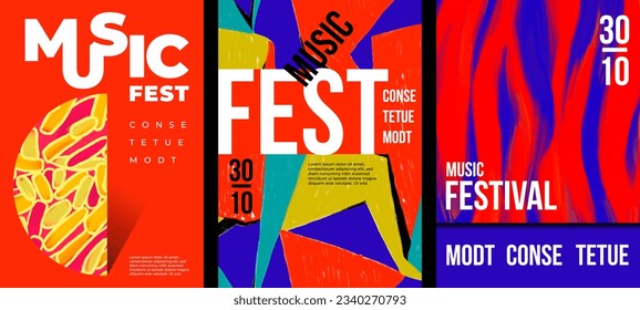 Set of modern music fest templates with abstract pattern. Poster with brush strokes, paint stains, typography. Hand drawn pattern. Placard with typographic elements. Music fest banner. Freehand design