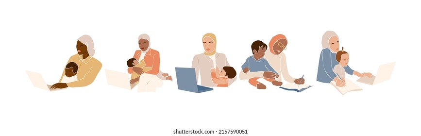 Set of modern muslim mothers work with babies. Cute young women in hijabs are freelancing with their children. Modern motherhood. Flat vector illustration isolated on white background for any design.