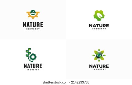 Set of Modern nature technology logo, leaf and gear machine vector, Agriculture logo template icon, Green Eco Tech Logo Template Design Vector, Nature Industry