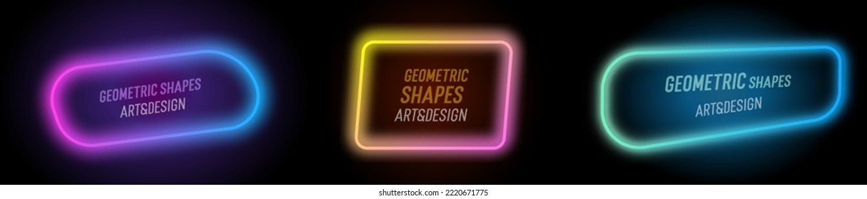 Conjunto de formas modernas de neón. Elementos de moda vectoriales fluidos. Gráficos de plantilla con burbujas de voz geométricas y banners con marcos con luz de color de gradiente dinámico para poner su propio texto