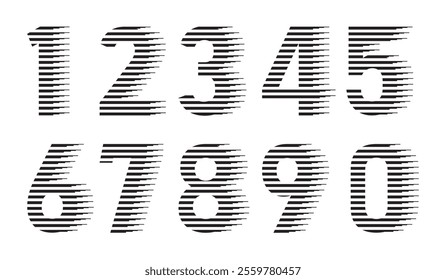 Set of Modern Number Font 0, 1, 2, 3, 4, 5, 6, 7, 8, 9, with horizontal speed line pattern. Lined Numbers style, Set of ten numbers form zero to nine. Template black numbers vector illustration.