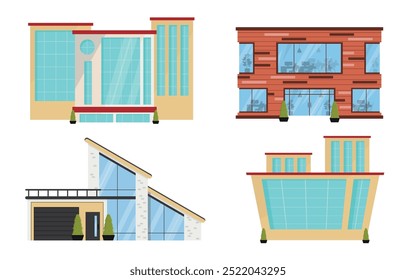 Conjunto de edifícios de escritórios modernos em estilo cartoon. Ilustração vetorial de belos edifícios de escritórios de diferentes formas com grandes janelas, portas e árvores thuja em potes isolados no fundo branco.