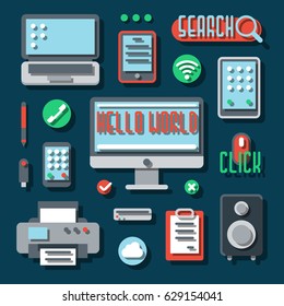 Set of modern office electronic devices. Gadgets for business. Computer and laptop, tablet and smart phone. Vector illustration flat style with shadows.