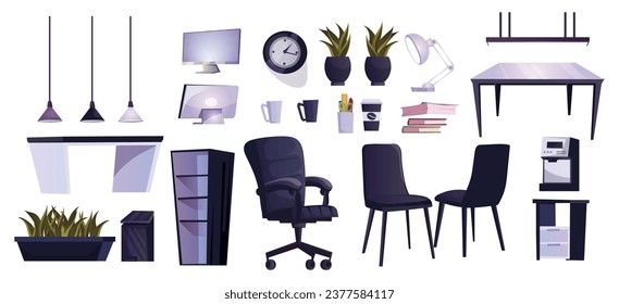 Set of modern office furniture, room interior equipment. Collection of desk, computer, armchair, project, clocks, folders, locker. Workspace concept. Isolated on white background. Vector illustration