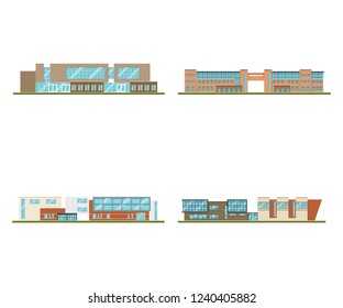 Set of modern office or school building and environment with tree, fence and roads, Isometric of university or modern building and architecture, Flat office, school and university vector illustration.