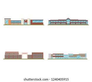 Set of modern office or school building and environment with tree, fence and roads, Isometric of university or modern building and architecture, Flat office, school and university vector illustration.
