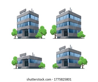 Set Of Modern Office Vector Building Illustrations Icons In 3d Perspective View With Blue Glass Facade Reflections. House, Urban Shop With Green Trees In Cartoon Style. Isolated On White Background.
