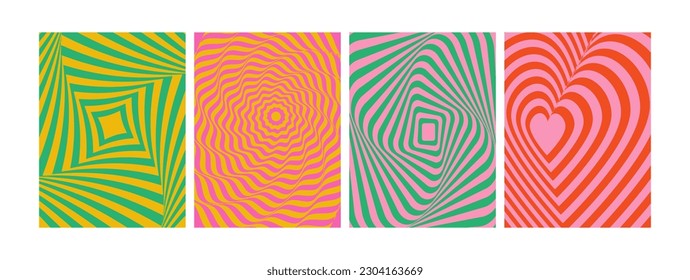 Set of modern optical abstract backgrounds. Optical modern art. Psychedelic illusion, swirls. Hypnotic surreal abstract covers, posters, cards. Vector illustration.