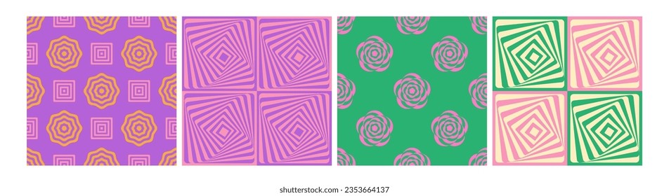 Set of modern optical art abstract  patterns. Psychedelic vibrant geometry. Futuristic line art. Seamless repeatable background, digital paper, banner. 
