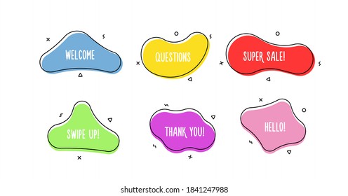 Set of modern organic doodle shapes. Fluid vector trendy elements. Template graphics with geometric speech bubbles and banners with frames to put your own text