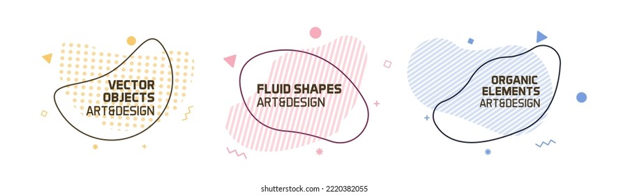 Set of modern organic shapes. Fluid vector trendy elements. Template graphics with geometric speech bubbles and banners with frames to put your own text