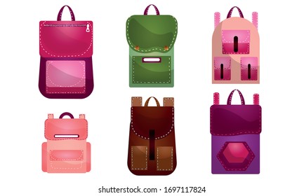 Set of modern outdoor backpacks of different shapes and colors for various people. Vector illustration in flat cartoon style.