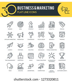 Set of modern outline icons of business, marketing, market research, strategy, planning and other. Each icon neatly designed on pixel perfect 32X32 size grid.