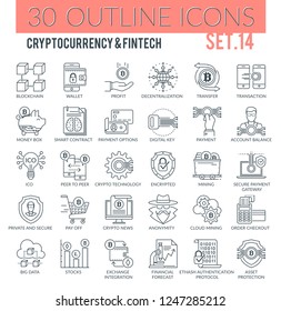 Set of modern outline icons of cryptocurrency, blockchain, cloud mining, finance technology and other.