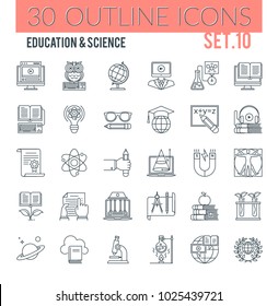 Set of modern outline icons of education, science, online training and courses, university and distance education. Vector icons.