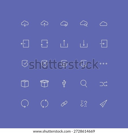 A set of modern outline icons focused on cloud storage, file management, and data security, including upload, download, box, and shield symbols on a purple background.