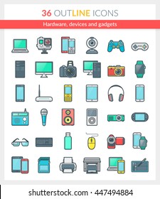 Set of modern Outline icons of hardware, devices and gadgets. Build on 64px grid pixel perfect. Vector illustration.
