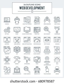 Set of modern outline icons for Web development, SEO, App development, Cloud computing, Internet security, Programming, Coding. Vector icons