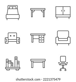 Set of modern outline symbols for internet stores, shops, banners, adverts. Vector isolated line icons of bed, office desk, closet, chair, table, bookshelf 