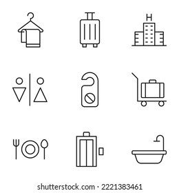 Set of modern outline symbols for internet stores, shops, banners, adverts. Vector isolated line icons of towel, suitcase, hotel, door hanger, baggage, luggage etc